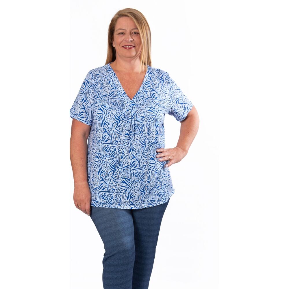 Noracora Women's Top Blouse V Neck Kimono Sleeve Blue & White Size 2XL NWT